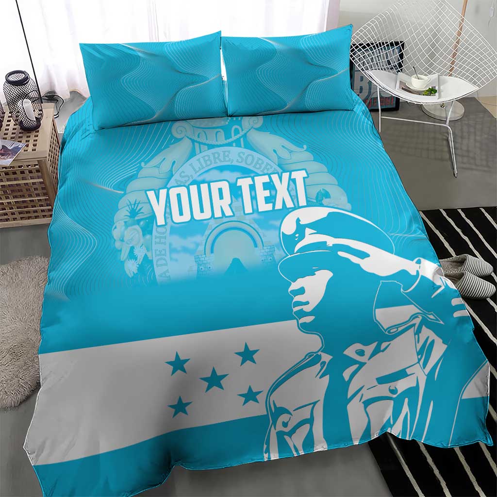 Blue and white personalized bedding set with "YOUR TEXT" print and matching pillowcases