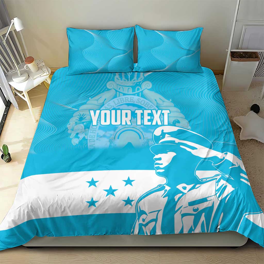 Blue and white comforter bedding set with centered "YOUR TEXT" graphic and pillows