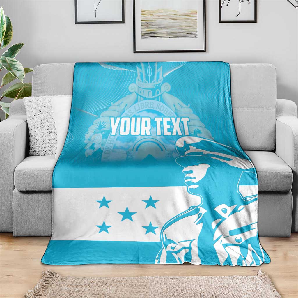 Blue and white throw blanket with custom text, stars, and detailed figure graphic