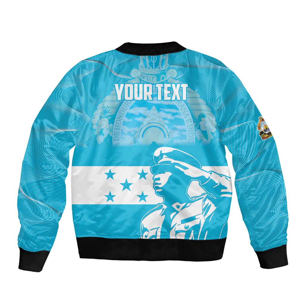 Blue bomber jacket back with YOUR TEXT, flag stars, and eagle graphic, ribbed cuffs
