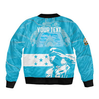 Blue bomber jacket back with YOUR TEXT, flag stars, and eagle graphic, ribbed cuffs