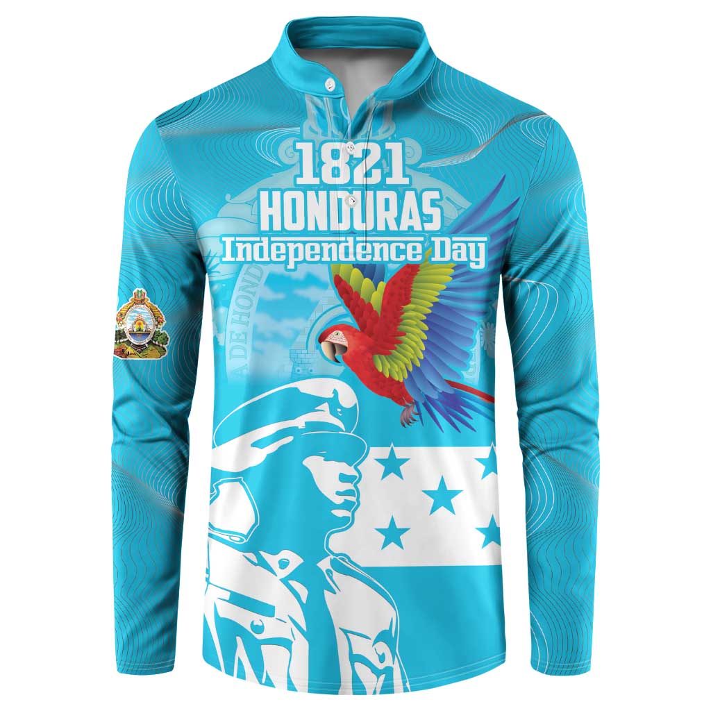 Blue button-front sweatshirt with 1821 Honduras Independence Day text and macaw graphic