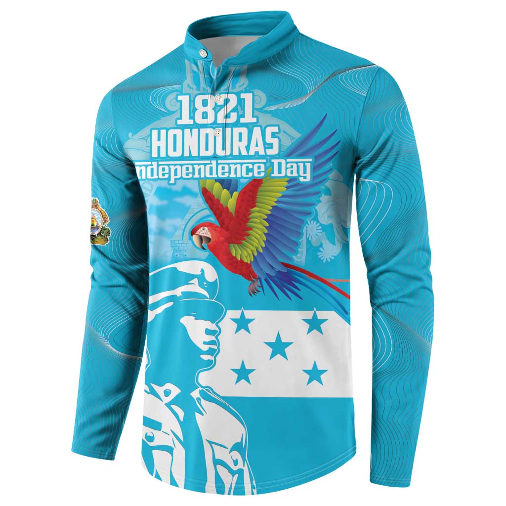 Blue button-front sweatshirt front with 1821 Honduras Independence Day text and macaw