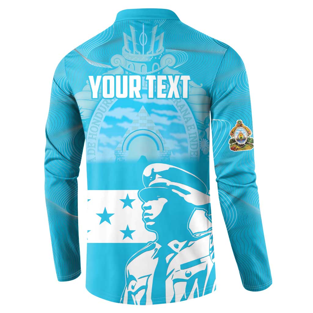 Blue button-front sweatshirt back with YOUR TEXT and flag graphic, side emblem