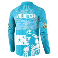 Blue button-front sweatshirt back with YOUR TEXT and flag graphic, side emblem