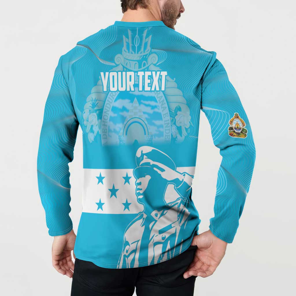 Blue button-front sweatshirt back with YOUR TEXT, crest and flag graphics