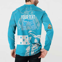 Blue button-front sweatshirt back with YOUR TEXT, crest and flag graphics