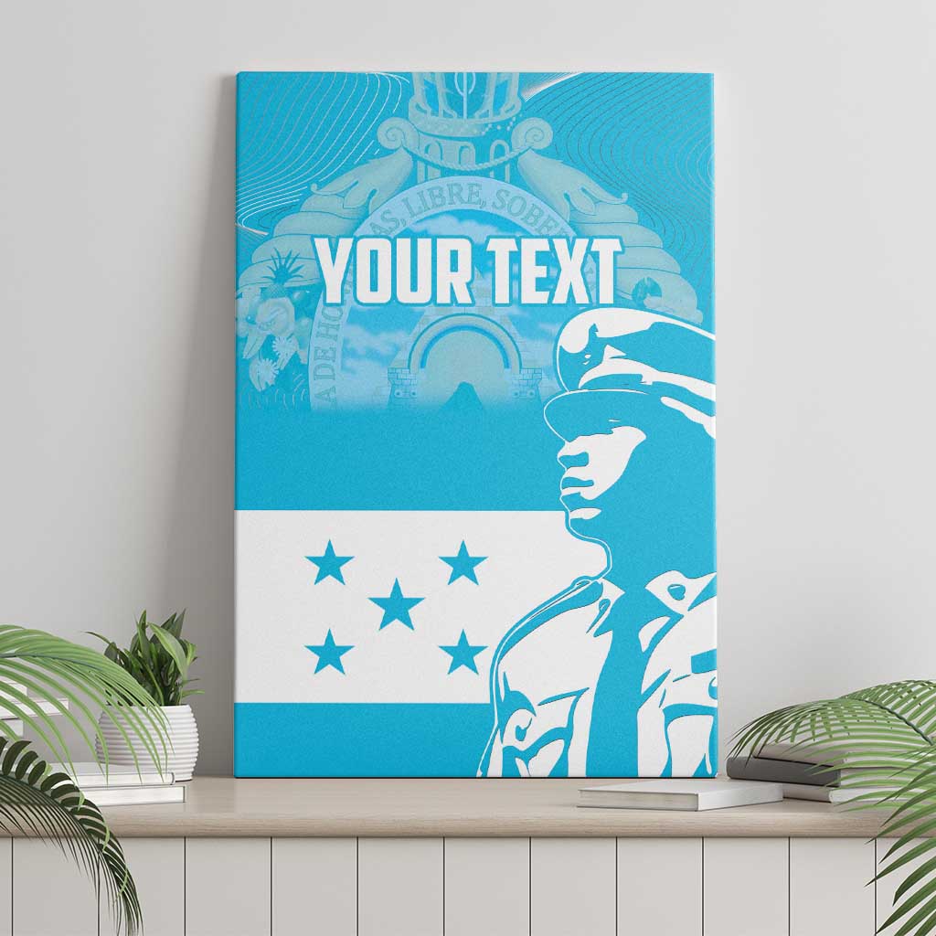 Blue canvas wall art with 'YOUR TEXT', white statue profile and star details