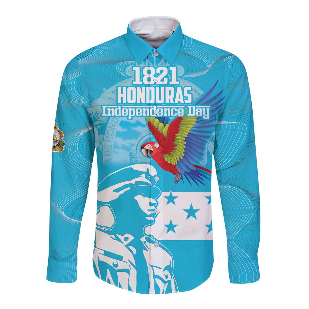 Blue long-sleeve button shirt with colorful macaw and Honduras Independence Day graphic