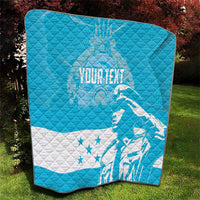 Personalized blue quilt with Honduras bird graphic, white stripe and star accents