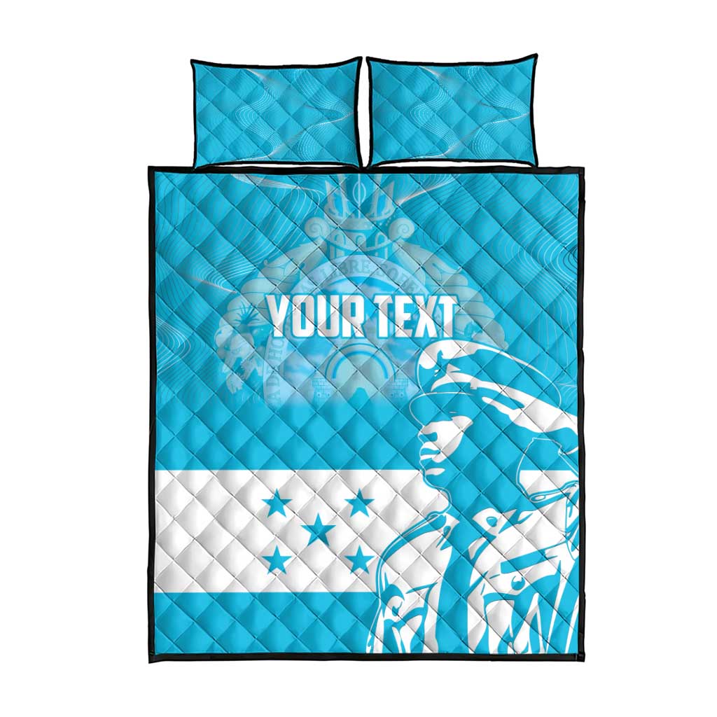 Blue and white quilt bed set with two pillows and quilted cover, YOUR TEXT design
