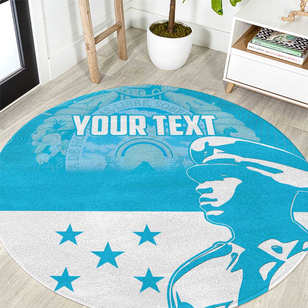 Blue and white round carpet with stars and bird outline, "YOUR TEXT" across center.