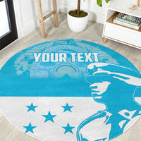 Blue and white round carpet with stars and bird outline, "YOUR TEXT" across center.