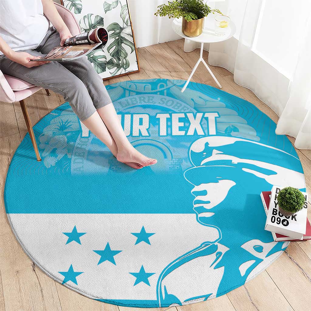 Blue round carpet with white stars and bird illustration, "YOUR TEXT" visible.