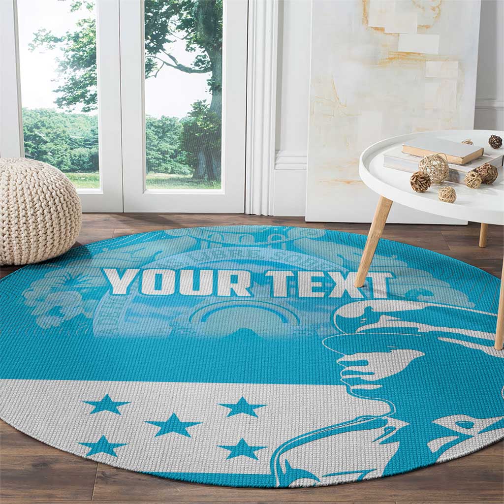 Blue round carpet with white stars and decorative bird graphic, text "YOUR TEXT".