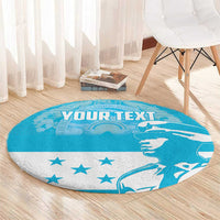 Blue round carpet with white stars and bird graphic, "YOUR TEXT" centered.