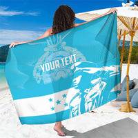 Personalized blue and white sarong with 'YOUR TEXT' and bird graphic, beach wrap