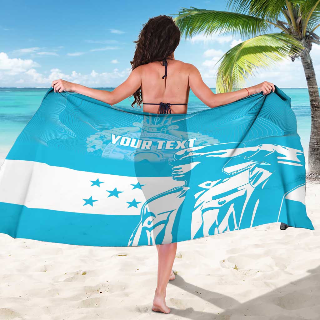 Personalized blue and white sarong shown from back with 'YOUR TEXT' bird design