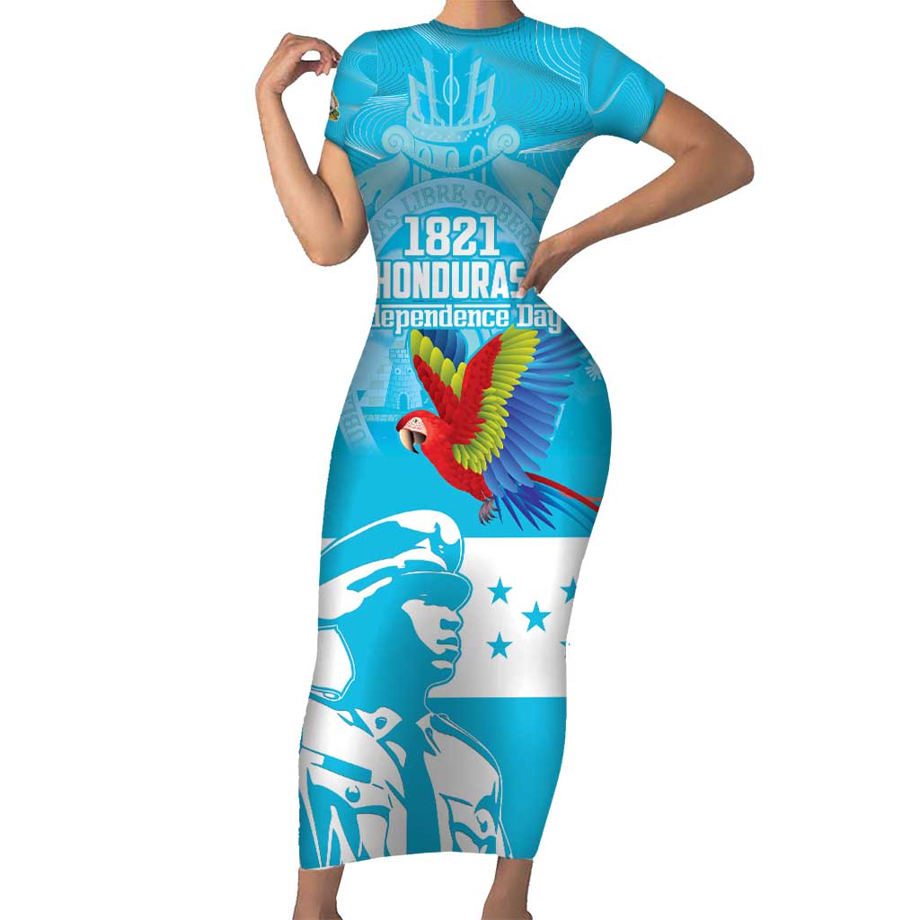 Personalized Honduras Scarlet Macaw Short Sleeve Bodycon Dress Happy Independence Day 1821 - Wonder Print Shop