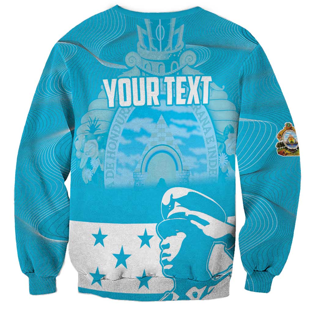 Blue sweatshirt with back graphic of macaw and stars, plus placeholder YOUR TEXT print
