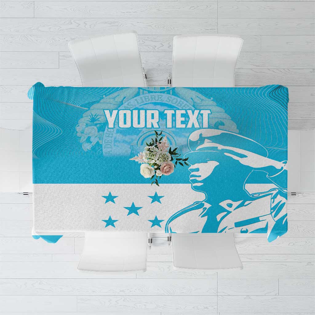 Blue tablecloth with bold parrot graphic and star pattern; includes a customizable text area.