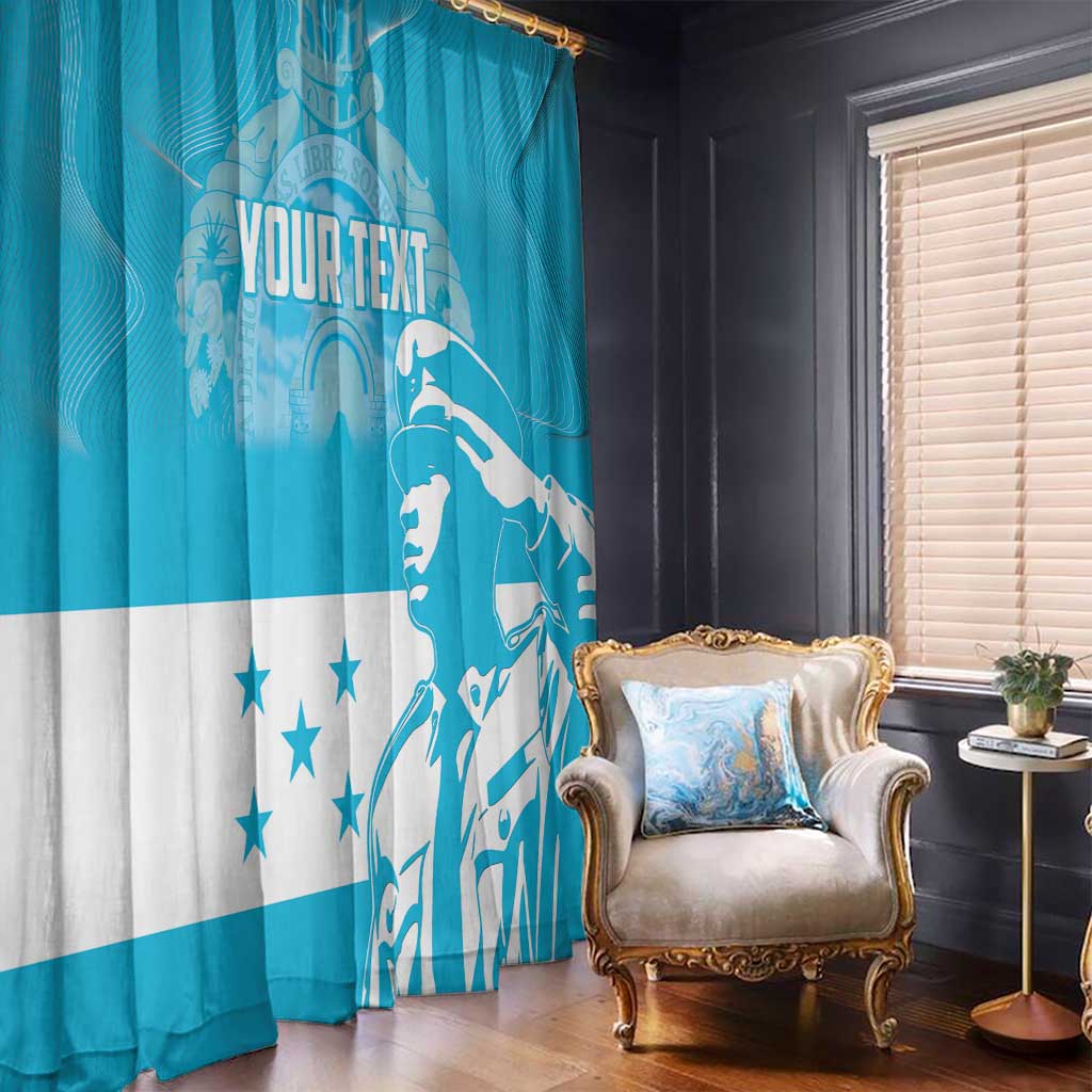 Blue and white window curtains with bird-and-stars print and custom text across panels