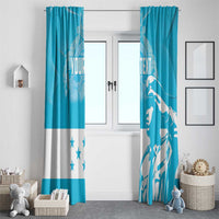 Blue and white window curtain pair with bird design, stars, and custom text