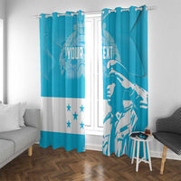 Pair of blue and white window curtains featuring bird artwork, stars, and text