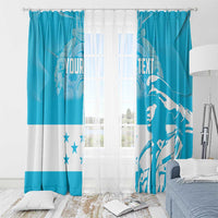 Blue and white window curtain pair with bird motif, star accents, and centered text