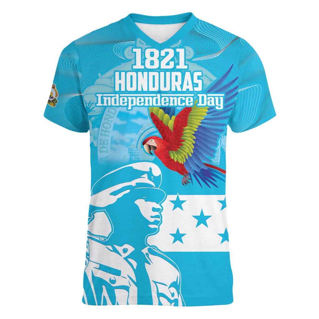 Personalized Honduras Scarlet Macaw Women V-Neck T-Shirt Happy Independence Day 1821 - Wonder Print Shop