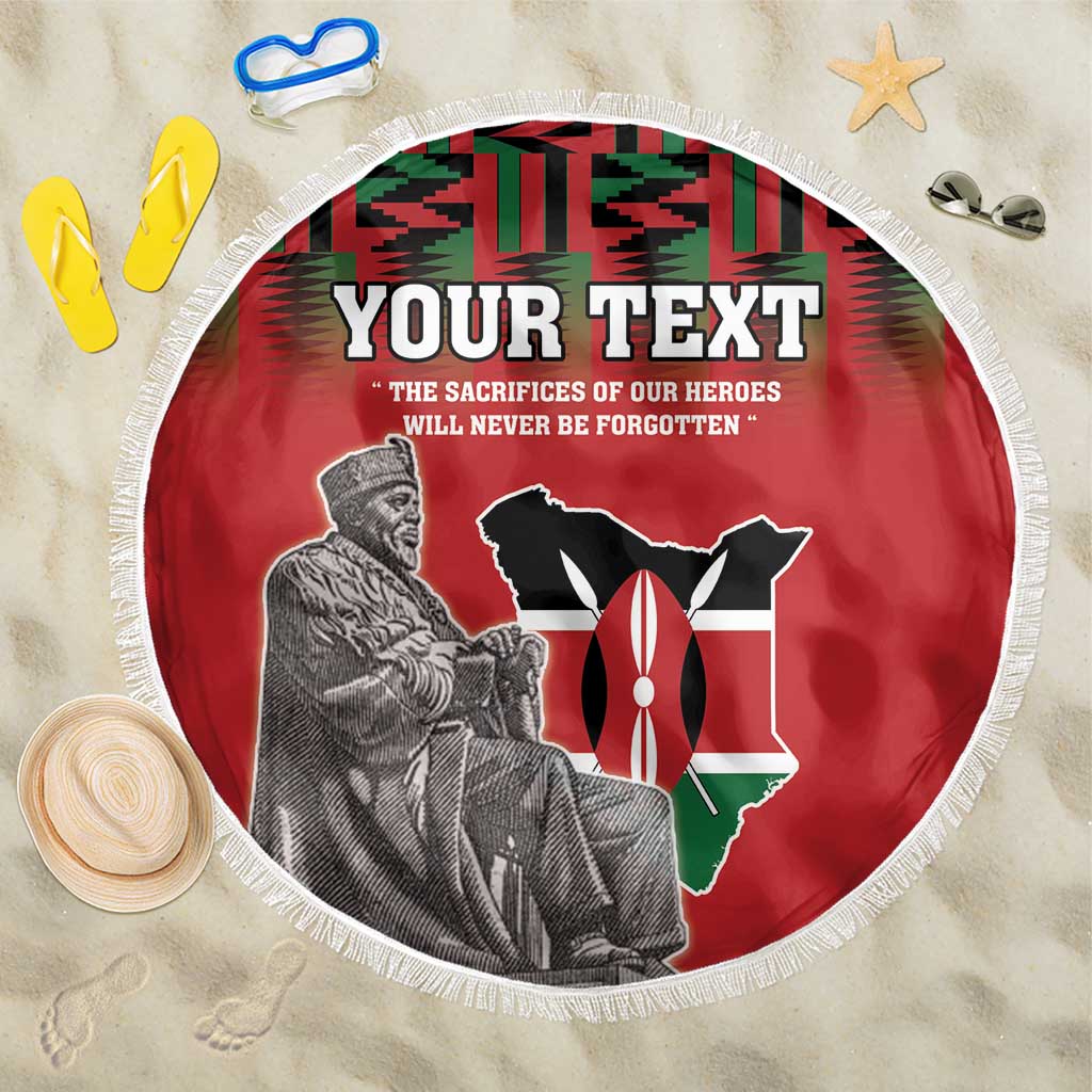 Round red beach blanket with fringe, Kenya emblem and 'YOUR TEXT' banner