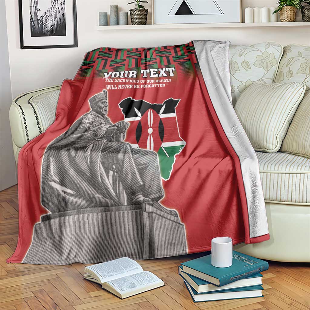 Kenya Mashujaa Day blanket, red with YOUR TEXT and grayscale leader portrait on map