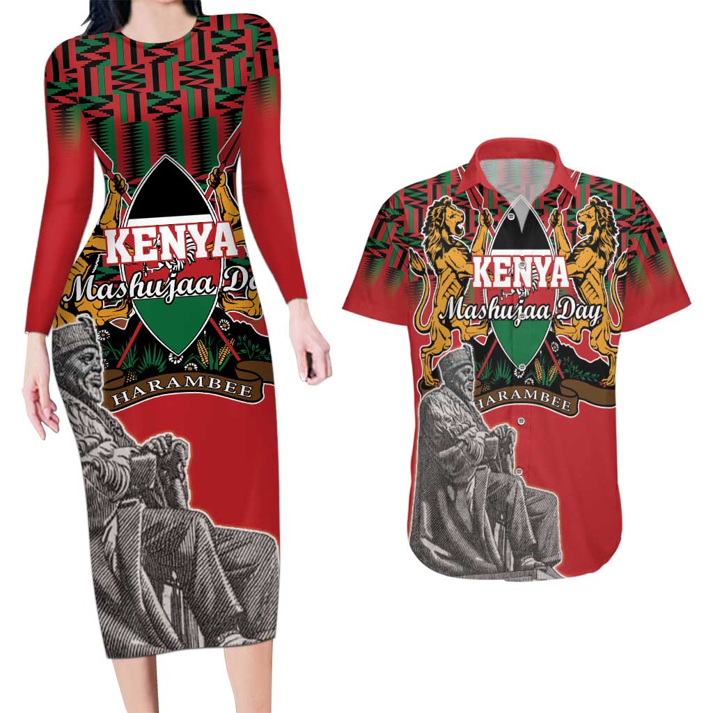 Personalized Kenya Mashujaa Day Couples Matching Long Sleeve Bodycon Dress and Hawaiian Shirt Mzee Jomo Kenyatta With Coat Of Arms