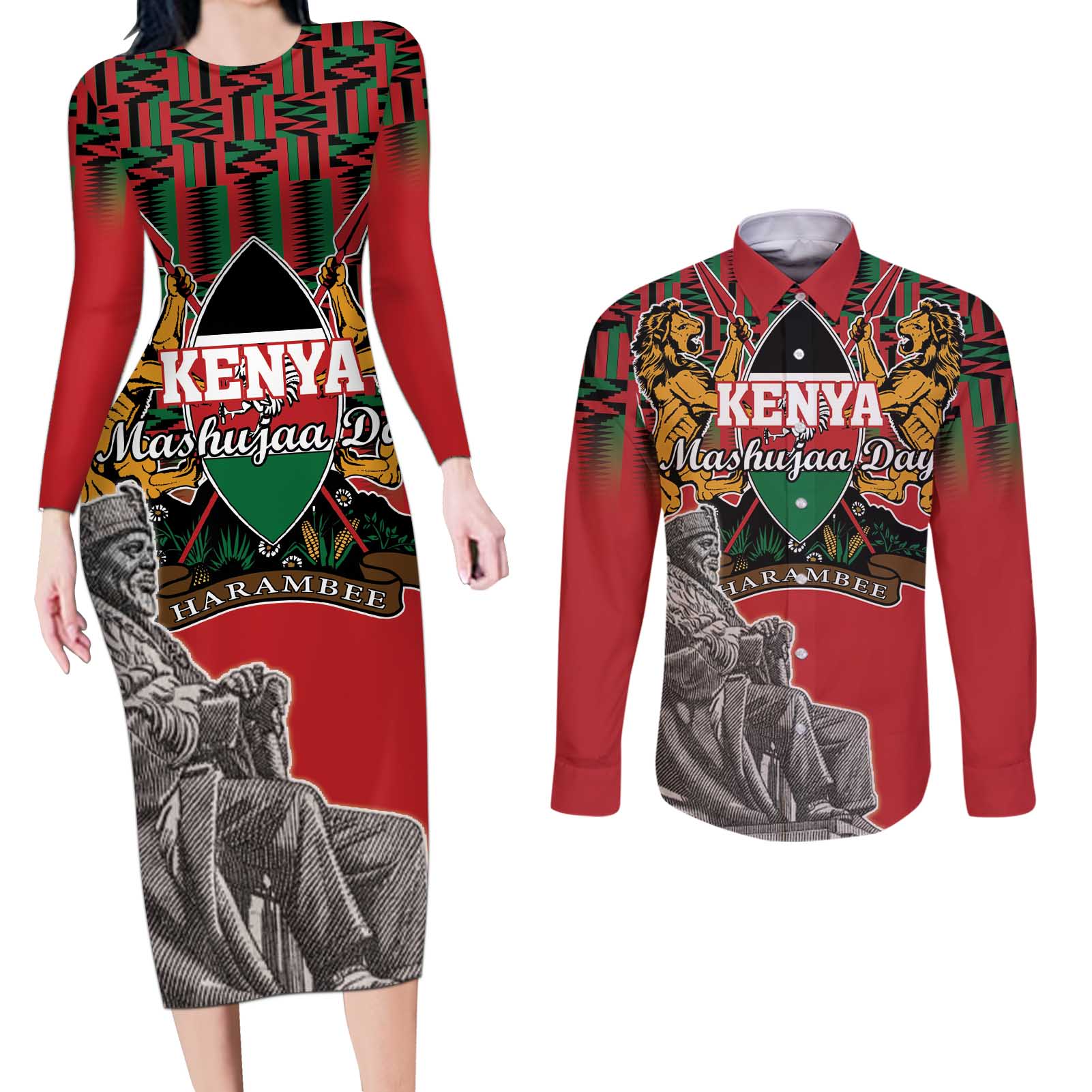 Personalized Kenya Mashujaa Day Couples Matching Long Sleeve Bodycon Dress and Long Sleeve Button Shirt Mzee Jomo Kenyatta With Coat Of Arms