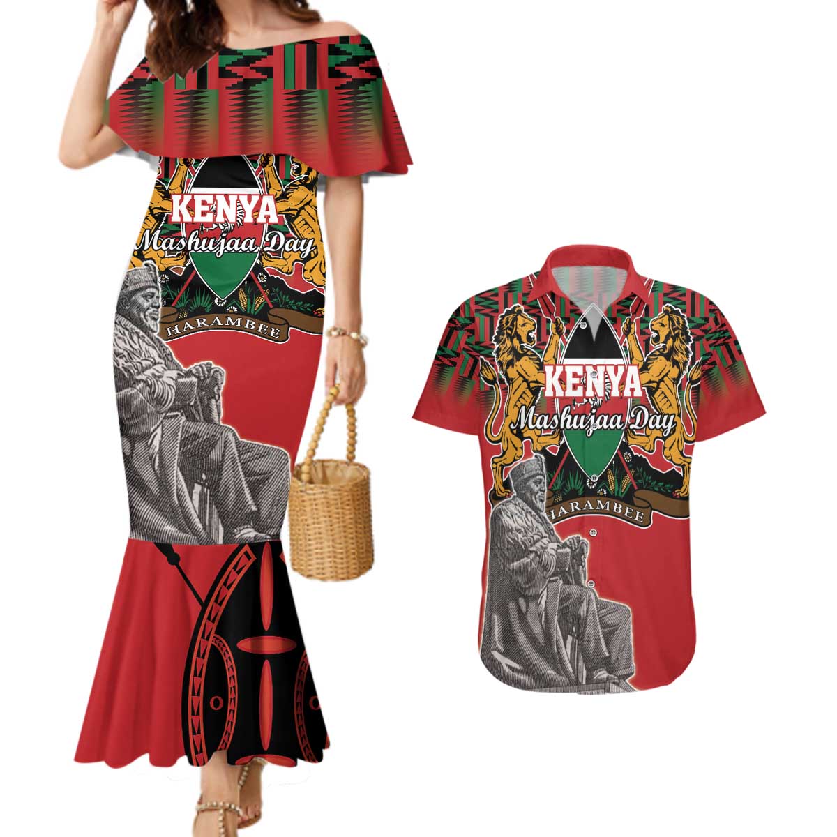 Personalized Kenya Mashujaa Day Couples Matching Mermaid Dress and Hawaiian Shirt Mzee Jomo Kenyatta With Coat Of Arms