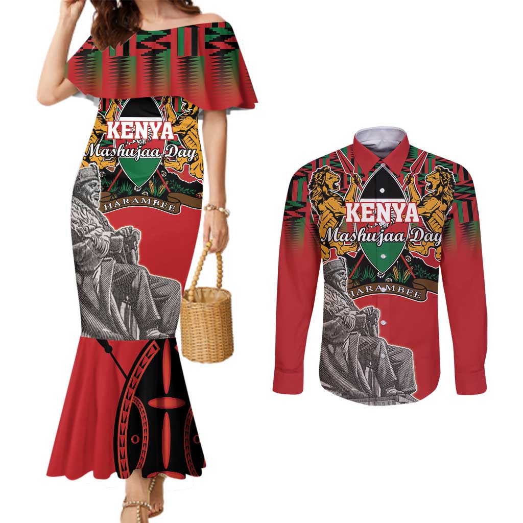 Personalized Kenya Mashujaa Day Couples Matching Mermaid Dress and Long Sleeve Button Shirt Mzee Jomo Kenyatta With Coat Of Arms