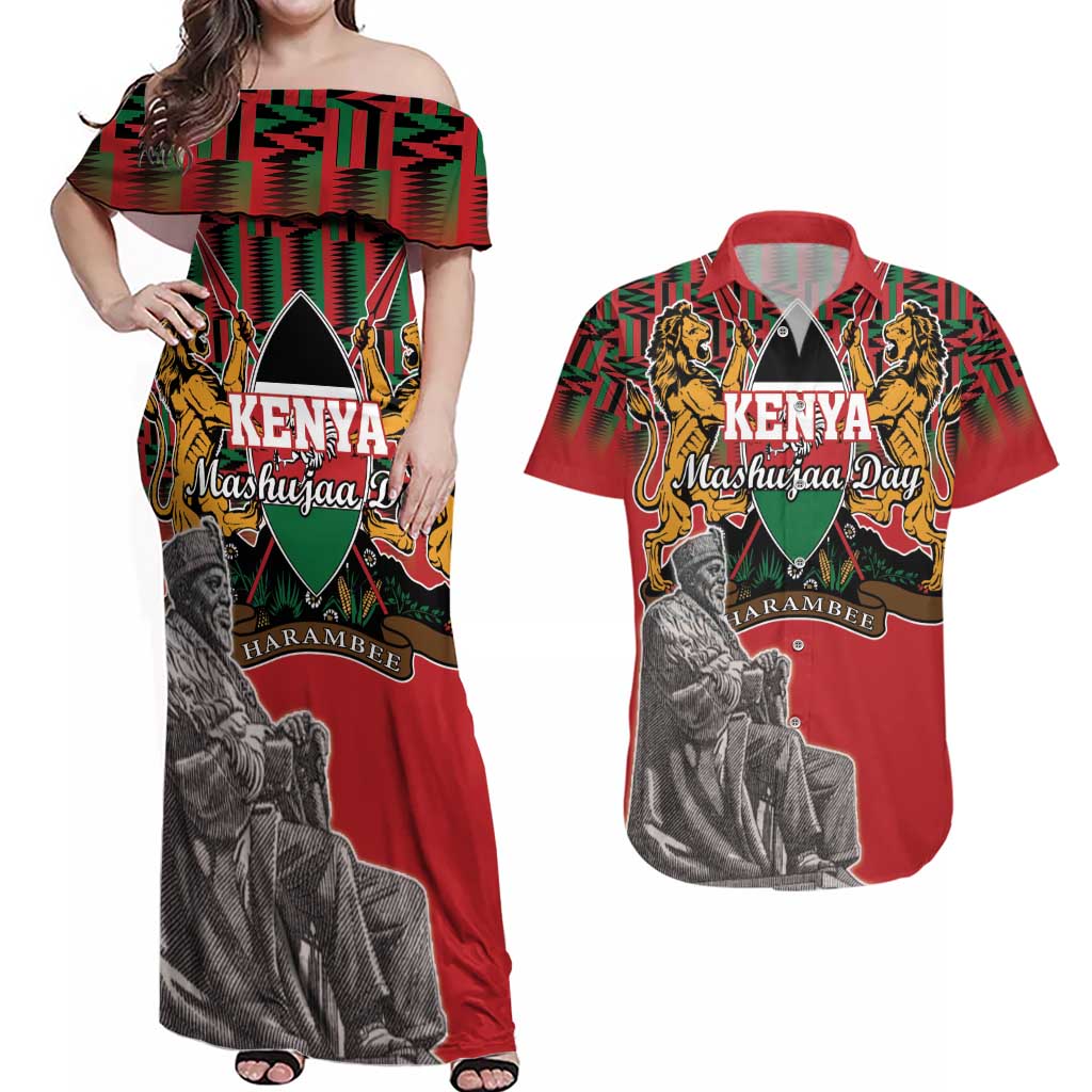 Personalized Kenya Mashujaa Day Couples Matching Off Shoulder Maxi Dress and Hawaiian Shirt Mzee Jomo Kenyatta With Coat Of Arms