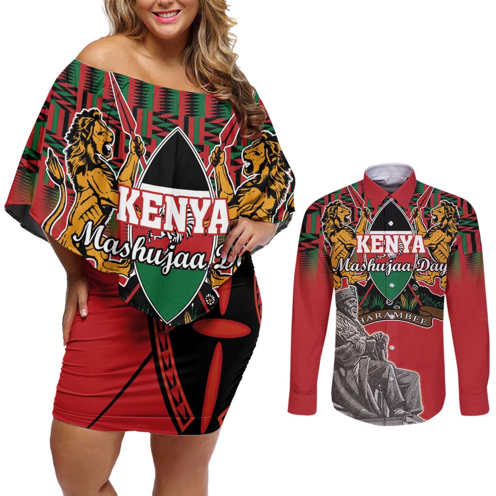 Personalized Kenya Mashujaa Day Couples Matching Off Shoulder Short Dress and Long Sleeve Button Shirt Mzee Jomo Kenyatta With Coat Of Arms