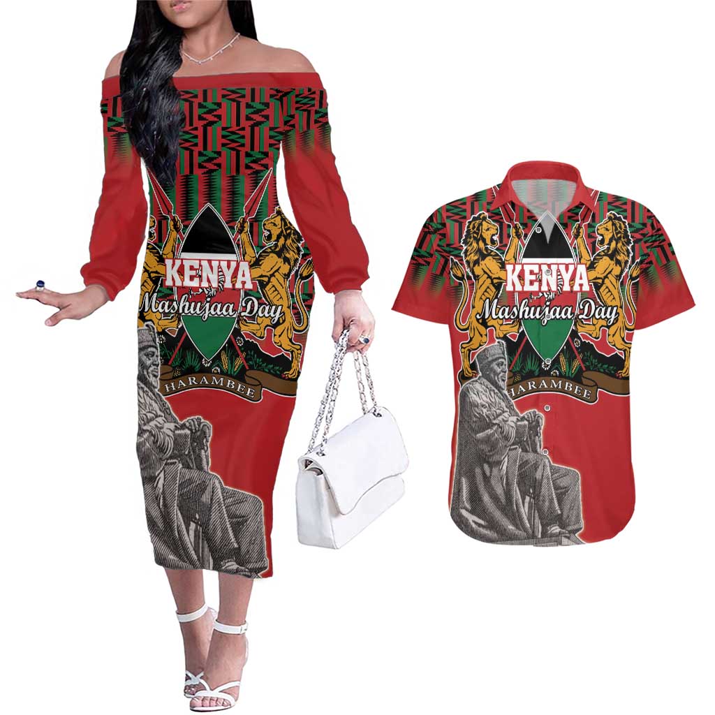 Personalized Kenya Mashujaa Day Couples Matching Off The Shoulder Long Sleeve Dress and Hawaiian Shirt Mzee Jomo Kenyatta With Coat Of Arms