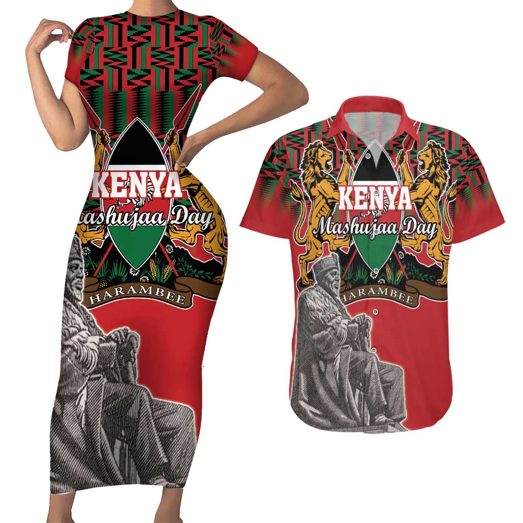 Personalized Kenya Mashujaa Day Couples Matching Short Sleeve Bodycon Dress and Hawaiian Shirt Mzee Jomo Kenyatta With Coat Of Arms