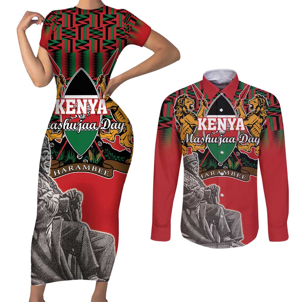 Personalized Kenya Mashujaa Day Couples Matching Short Sleeve Bodycon Dress and Long Sleeve Button Shirt Mzee Jomo Kenyatta With Coat Of Arms