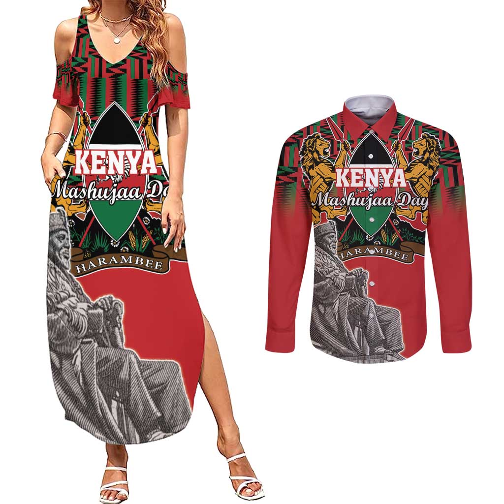 Personalized Kenya Mashujaa Day Couples Matching Summer Maxi Dress and Long Sleeve Button Shirt Mzee Jomo Kenyatta With Coat Of Arms