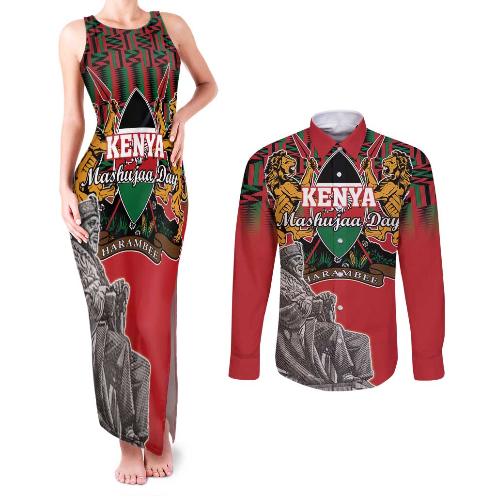 Personalized Kenya Mashujaa Day Couples Matching Tank Maxi Dress and Long Sleeve Button Shirt Mzee Jomo Kenyatta With Coat Of Arms