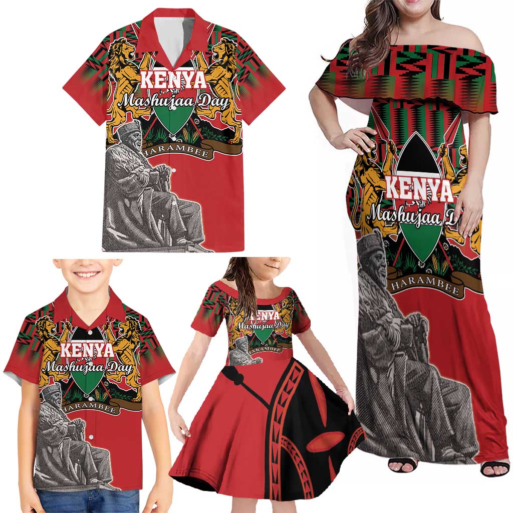 Personalized Kenya Mashujaa Day Family Matching Off Shoulder Maxi Dress and Hawaiian Shirt Mzee Jomo Kenyatta With Coat Of Arms