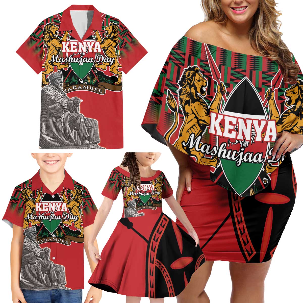 Personalized Kenya Mashujaa Day Family Matching Off Shoulder Short Dress and Hawaiian Shirt Mzee Jomo Kenyatta With Coat Of Arms