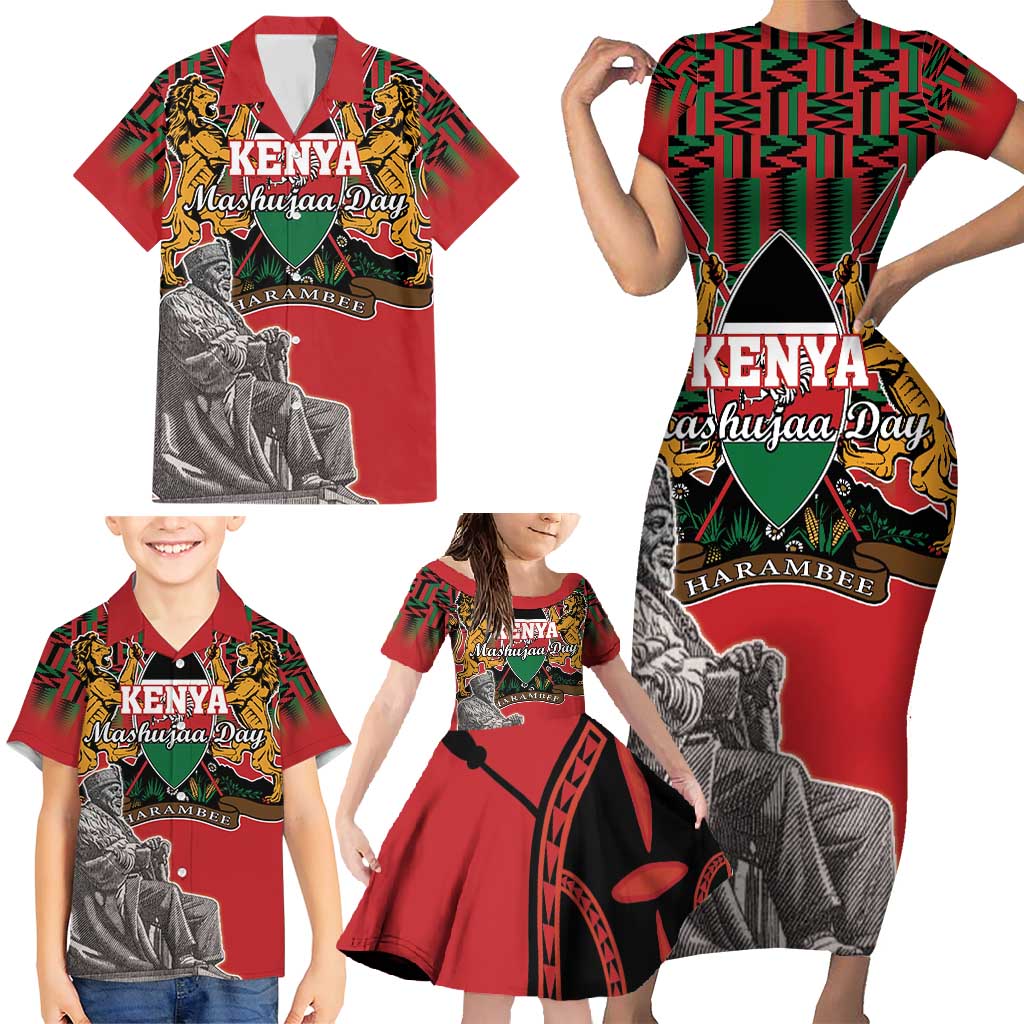 Personalized Kenya Mashujaa Day Family Matching Short Sleeve Bodycon Dress and Hawaiian Shirt Mzee Jomo Kenyatta With Coat Of Arms