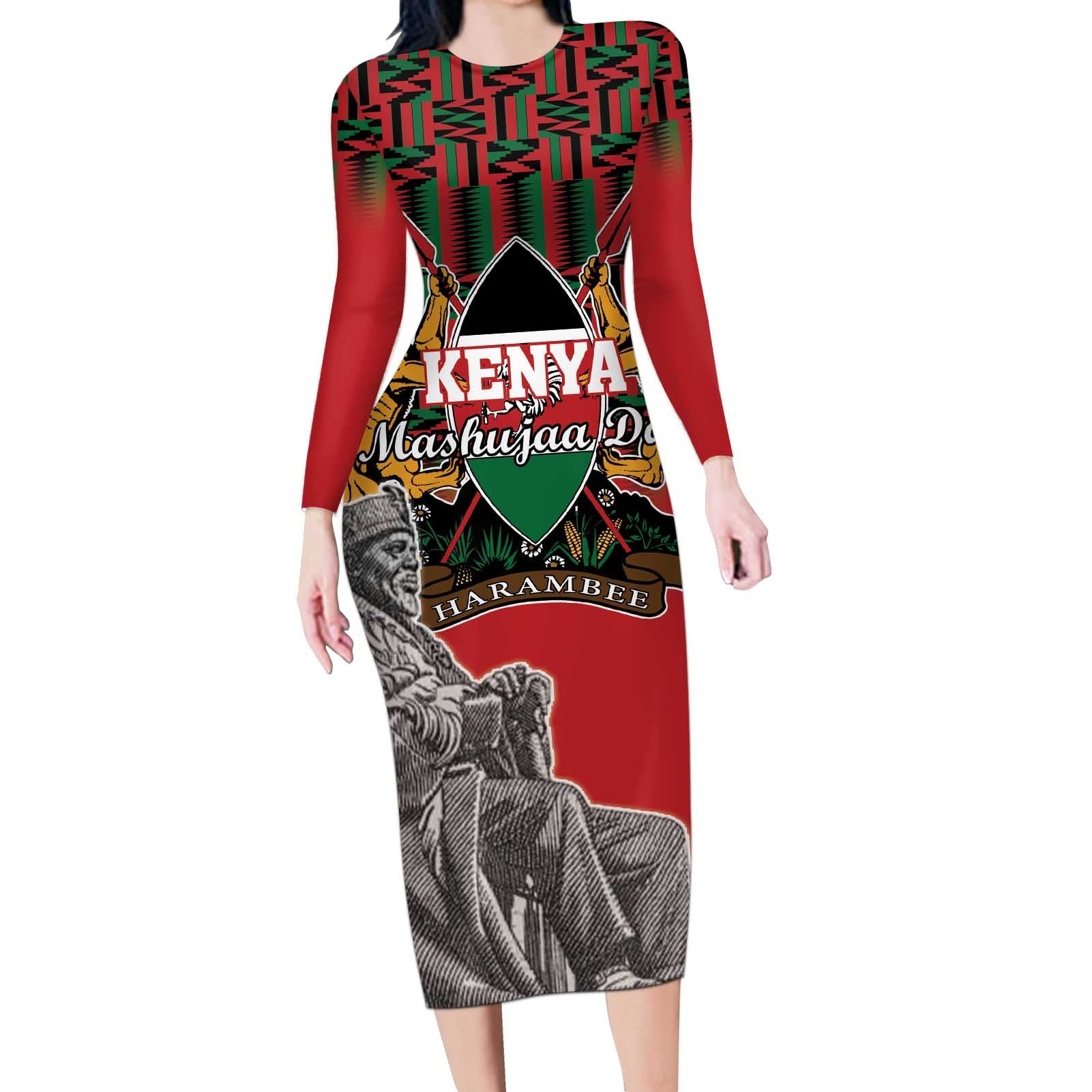 Personalized Kenya Mashujaa Day Long Sleeve Bodycon Dress Mzee Jomo Kenyatta With Coat Of Arms