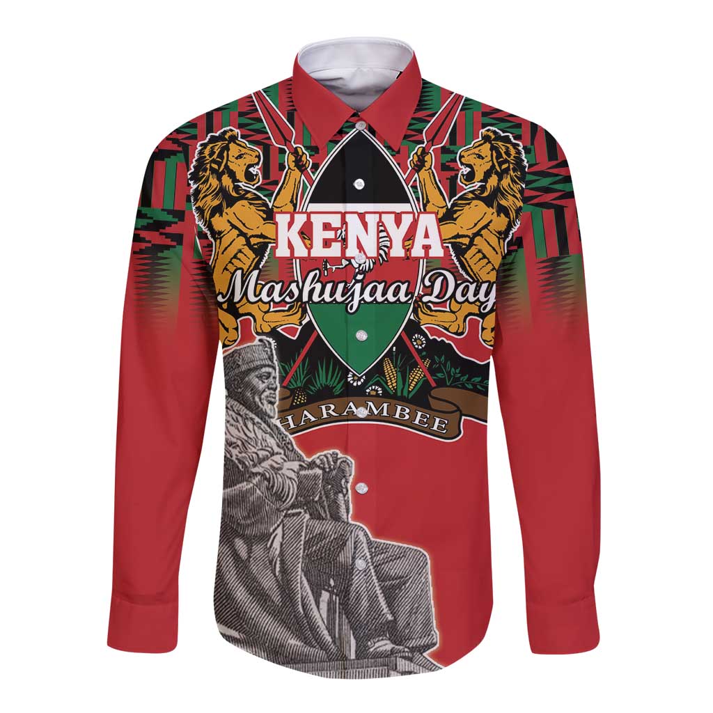 Red long-sleeve button-up shirt with Kenya Mashujaa Day graphic and coat of arms