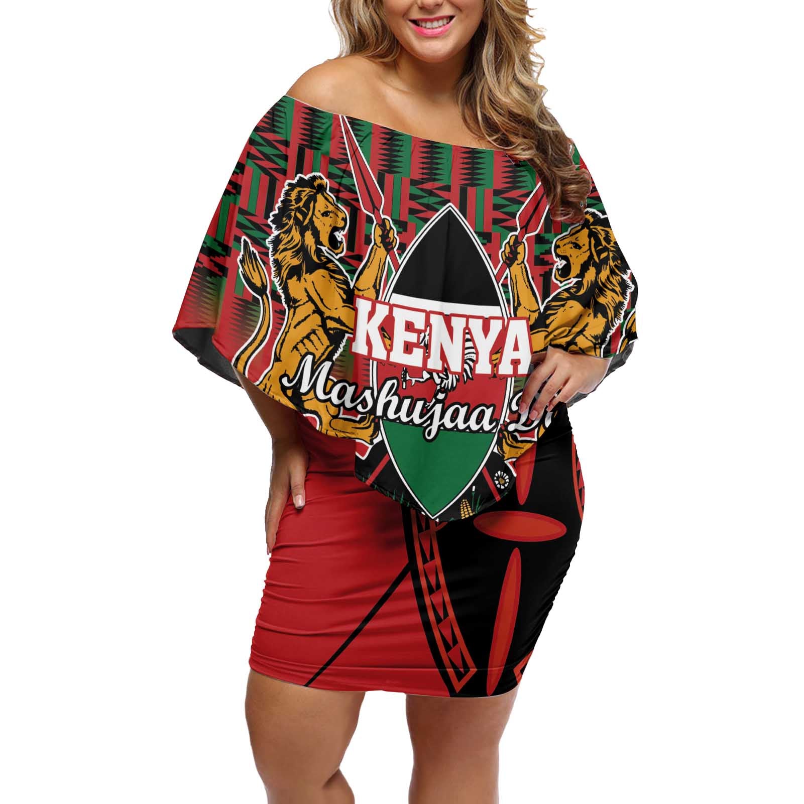 Personalized Kenya Mashujaa Day Off Shoulder Short Dress Mzee Jomo Kenyatta With Coat Of Arms