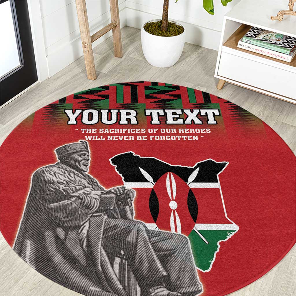 Red round rug with Kenya outline, coat of arms emblem, grayscale portrait, and 'YOUR TEXT'